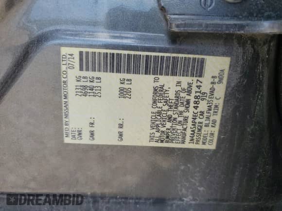 2014 Nissan Maxima SV z VIN 1N4AA5AP4EC488147, wystawiony jako Copart lot #66165805 z przebiegiem 44 113 mil mil oraz Szkoda całkowita • Salvage title. Historia ofert i sprzedaży dostępna na DreamBid. Obrazek 13.