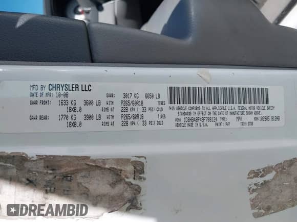 2009 Dodge Durango SLT with VIN 1D8HB48P49F708124, listed as a IAAI auction lot 42800980 with 208,307 mi miles and . Bid and sale history available at DreamBid. Image 9.
