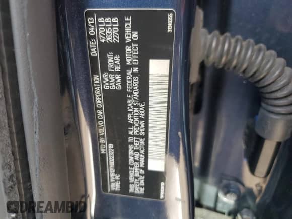 2013 Volvo S60 T5 with VIN YV1612FH8D2232219, listed as a Copart auction lot 89524775 with Not provided miles and Salvage title. Bid and sale history available at DreamBid. Image 12.