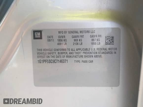 2012 Chevrolet Cruze 1LT with VIN 1G1PF5SC9C7146371, listed as a IAAI auction lot 43004457 with 153,514 mi miles and . Bid and sale history available at DreamBid. Image 9.