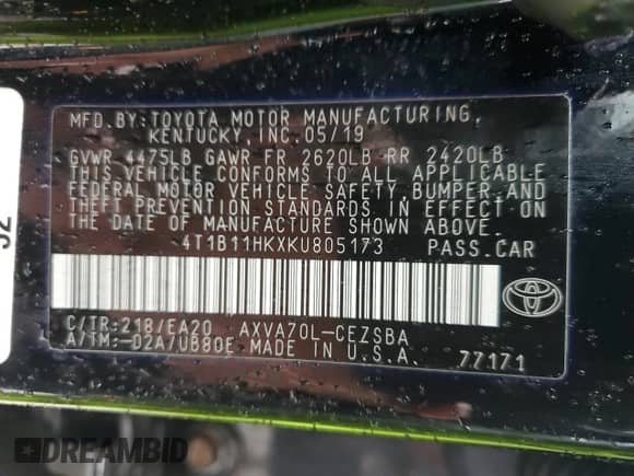 2019 Toyota Camry SE z VIN 4T1B11HKXKU805173, wystawiony jako Copart lot #86092845 z przebiegiem 87 442 mil mil oraz Szkoda całkowita • Salvage title. Historia ofert i sprzedaży dostępna na DreamBid. Obrazek 13.