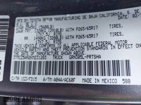 2019 Toyota Tacoma SR5 z VIN 3TMCZ5AN2KM231203, wystawiony jako IAAI lot #43203975 z przebiegiem 61 168 mil mil oraz . Historia ofert i sprzedaży dostępna na DreamBid. Obrazek 9.