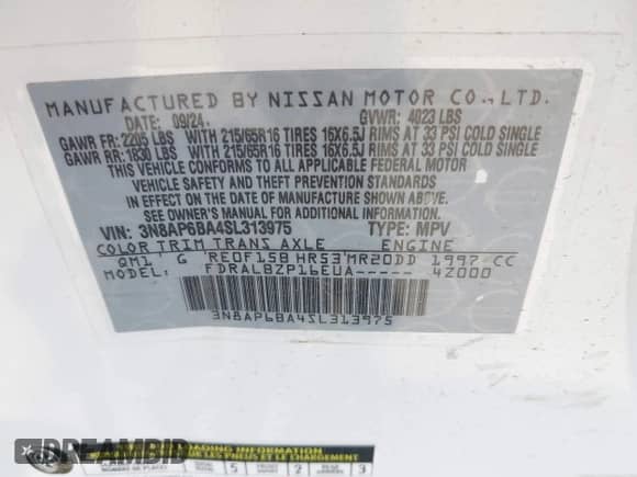 2025 Nissan Kicks S with VIN 3N8AP6BA4SL313975, listed as a IAAI auction lot 42545649 with 3,918 mi miles and . Bid and sale history available at DreamBid. Image 9.