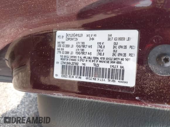 2004 Dodge 1500 SLT with VIN 1D7HA18N84J227092, listed as a IAAI auction lot 42834242 with 241,796 mi miles and . Bid and sale history available at DreamBid. Image 9.