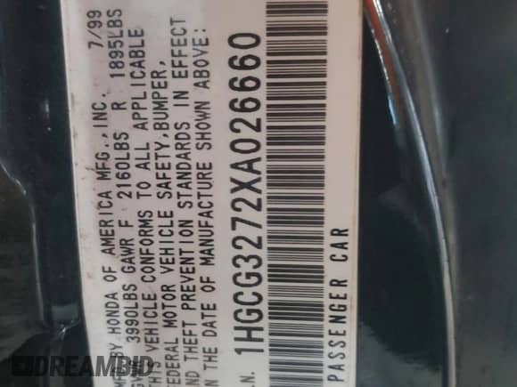 1999 Honda Accord EX with VIN 1HGCG3272XA026660, listed as a Copart auction lot 56629585 with 180,716 mi miles and Salvage title. Bid and sale history available at DreamBid. Image 12.