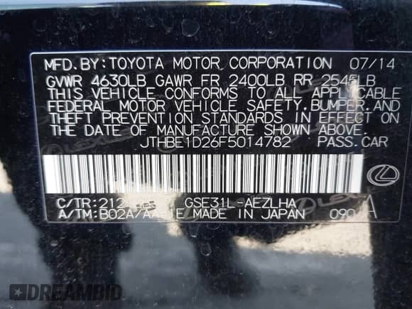 2015 Lexus IS 350 с VIN JTHBE1D26F5014782, выставлен на аукционе IAAI как лот 42735113 с пробегом 106 654 миль миль и . История ставок и продаж доступна на DreamBid. Изображение 9.