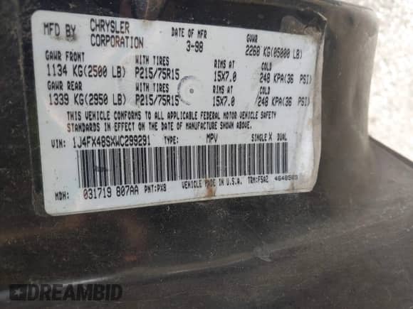 1998 Jeep Grand Cherokee с VIN 1J4FX48SXWC299291, выставлен на аукционе IAAI как лот 43122863 с пробегом 204 231 миль миль и . История ставок и продаж доступна на DreamBid. Изображение 9.