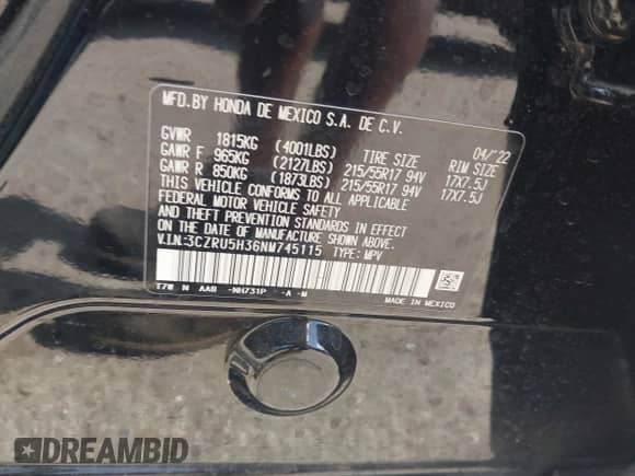 2022 Honda HR-V LX с VIN 3CZRU5H36NM745115, выставлен на аукционе IAAI как лот 42744512 с пробегом 48 725 миль миль и . История ставок и продаж доступна на DreamBid. Изображение 9.