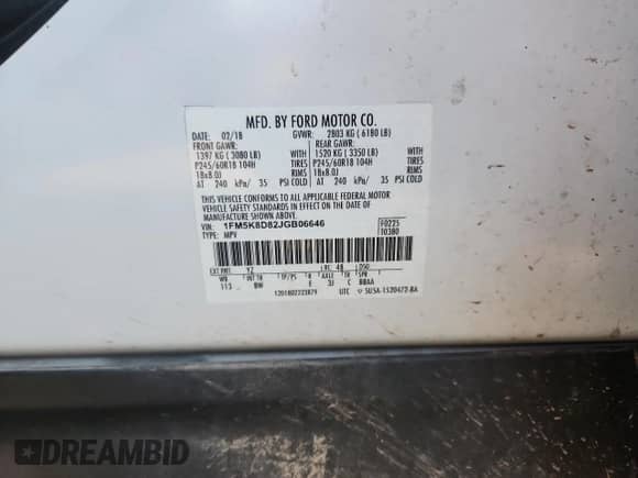 2018 Ford Explorer XLT с VIN 1FM5K8D82JGB06646, выставлен на аукционе Copart как лот 80533255 с пробегом 122 270 миль миль и На запчасти • Non repairable. История ставок и продаж доступна на DreamBid. Изображение 13.