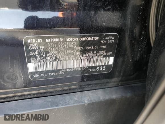 2022 Mitsubishi Outlander SE with VIN JA4J4UA80NZ036367, listed as a Copart auction lot 81323985 with 38,663 mi miles and Salvage title. Bid and sale history available at DreamBid. Image 13.