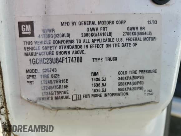 2004 Chevrolet Silverado 2500HD LS with VIN 1GCHC23U84F174700, listed as a Copart auction lot 46885905 with Not provided miles and Salvage title. Bid and sale history available at DreamBid. Image 13.