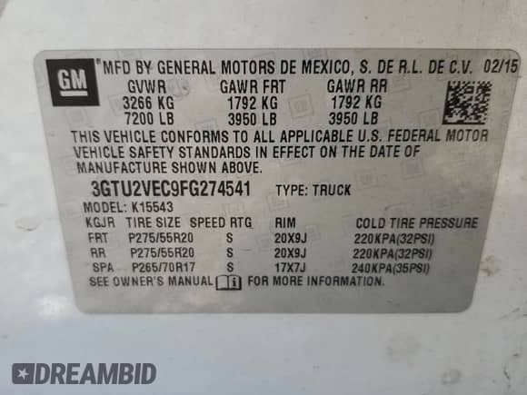 2015 GMC Sierra 1500 SLT z VIN 3GTU2VEC9FG274541, wystawiony jako Copart lot #86776765 z przebiegiem 261 326 mil mil oraz Szkoda całkowita • Salvage title. Historia ofert i sprzedaży dostępna na DreamBid. Obrazek 12.