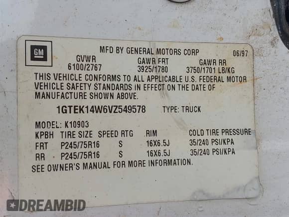 1997 GMC Sierra 1500 with VIN 1GTEK14W6VZ549578, listed as a IAAI auction lot 42415651 with 203,458 mi miles and . Bid and sale history available at DreamBid. Image 9.
