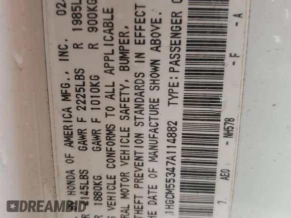 2007 Honda Accord LX SE with VIN 1HGCM55347A114882, listed as a Copart auction lot 59420055 with 189,740 mi miles and Salvage title. Bid and sale history available at DreamBid. Image 12.