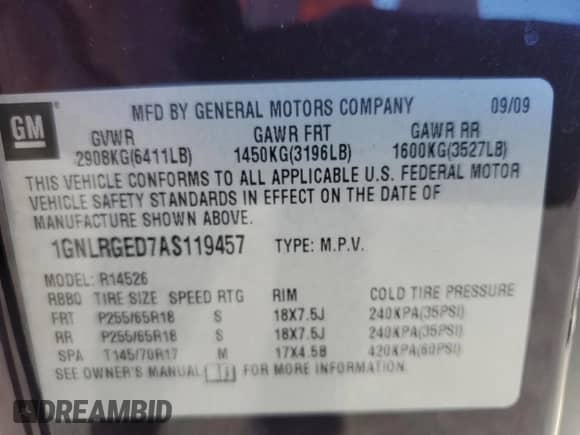 2010 Chevrolet Traverse 2LT с VIN 1GNLRGED7AS119457, выставлен на аукционе Copart как лот 70846855 с пробегом 208 562 миль миль и Списание • Salvage title. История ставок и продаж доступна на DreamBid. Изображение 13.