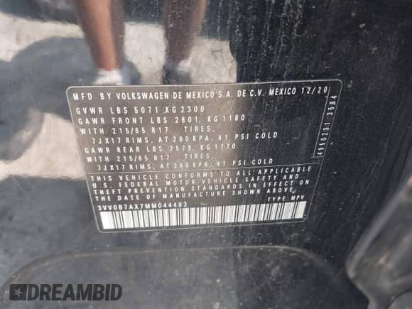 2021 Volkswagen Tiguan S с VIN 3VV0B7AX7MM044483, выставлен на аукционе IAAI как лот 42903238 с пробегом 84 397 миль миль и . История ставок и продаж доступна на DreamBid. Изображение 9.