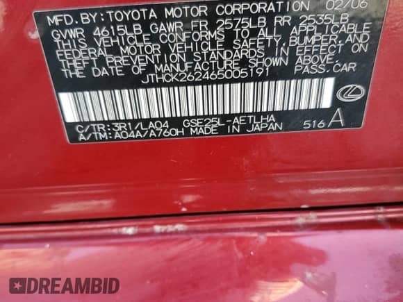 2006 Lexus IS 250 z VIN JTHCK262465005191, wystawiony jako Copart lot #89565885 z przebiegiem 188 166 mil mil oraz Szkoda całkowita • Salvage title. Historia ofert i sprzedaży dostępna na DreamBid. Obrazek 12.