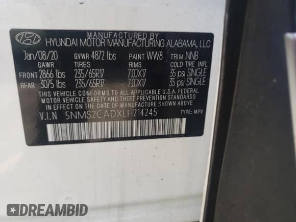 2020 Hyundai Santa Fe SE with VIN 5NMS2CADXLH214245, listed as a Copart auction lot 67223592 with 26,875 mi miles and . Bid and sale history available at DreamBid. Image 13.