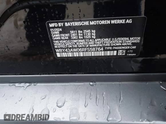 2024 BMW i4 eDrive35 with VIN WBY43AW06RFS58764, listed as a IAAI auction lot 42165759 with 12,007 mi miles and . Bid and sale history available at DreamBid. Image 9.