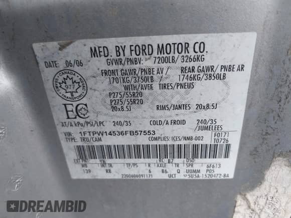 2006 Ford F-150 XLT with VIN 1FTPW14536FB57553, listed as a IAAI auction lot 43505083 with 171,984 mi miles and . Bid and sale history available at DreamBid. Image 9.