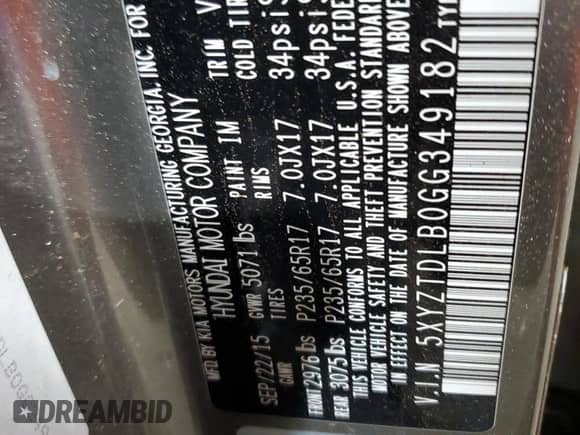 2016 Hyundai Santa Fe with VIN 5XYZTDLB0GG349182, listed as a Copart auction lot 69089435 with Not provided miles and Salvage title. Bid and sale history available at DreamBid. Image 14.