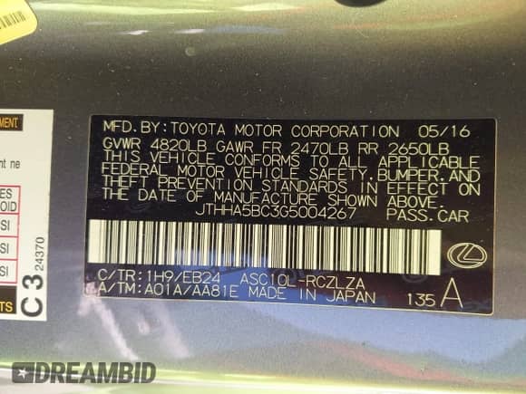 2016 Lexus RC 200t F Sport with VIN JTHHA5BC3G5004267, listed as a IAAI auction lot 43362432 with 85,523 mi miles and . Bid and sale history available at DreamBid. Image 9.