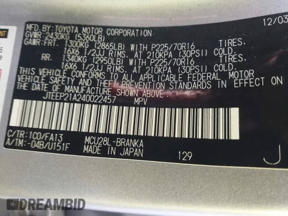 2004 Toyota Highlander with VIN JTEEP21A240022457, listed as a IAAI auction lot 43325568 with 206,837 mi miles and . Bid and sale history available at DreamBid. Image 9.