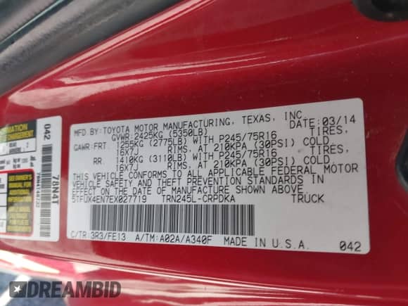 2014 Toyota Tacoma с VIN 5TFUX4EN7EX027719, выставлен на аукционе IAAI как лот 41922936 с пробегом 163 047 миль миль и . История ставок и продаж доступна на DreamBid. Изображение 9.