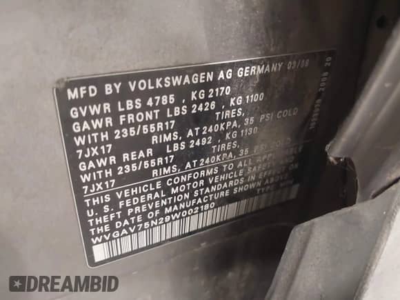 2009 Volkswagen Tiguan S с VIN WVGAV75N29W002180, выставлен на аукционе IAAI как лот 42417787 с пробегом 236 834 миль миль и . История ставок и продаж доступна на DreamBid. Изображение 9.