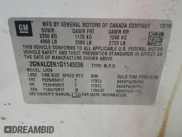 2016 Chevrolet Equinox LT с VIN 2GNALCEK1G1143696, выставлен на аукционе Copart как лот 67973865 с пробегом 86 728 миль миль и Списание • Salvage title. История ставок и продаж доступна на DreamBid. Изображение 14.