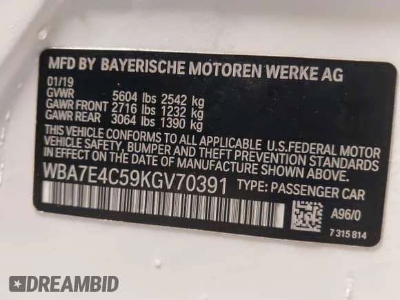 2019 BMW 7 Series 740i xDrive with VIN WBA7E4C59KGV70391, listed as a IAAI auction lot 41531991 with 70,017 mi miles and . Bid and sale history available at DreamBid. Image 9.