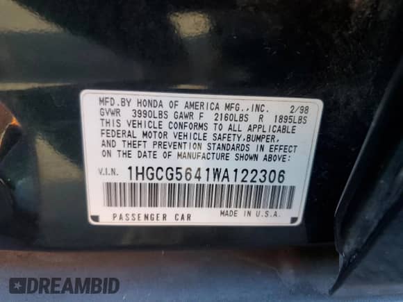 1998 Honda Accord LX z VIN 1HGCG5641WA122306, wystawiony jako Copart lot #80751835 z przebiegiem 174 591 mil mil oraz Szkoda całkowita • Salvage title. Historia ofert i sprzedaży dostępna na DreamBid. Obrazek 12.
