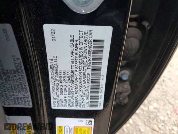 2022 Honda Accord EX-L with VIN 1HGCV3F5XNA012033, listed as a Copart auction lot 82680915 with 76,193 mi miles and Salvage title. Bid and sale history available at DreamBid. Image 12.