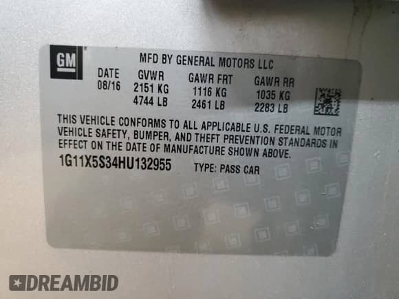 2017 Chevrolet Impala LS с VIN 1G11X5S34HU132955, выставлен на аукционе Copart как лот 81614745 с пробегом 43 724 миль миль и Списание • Salvage title. История ставок и продаж доступна на DreamBid. Изображение 12.