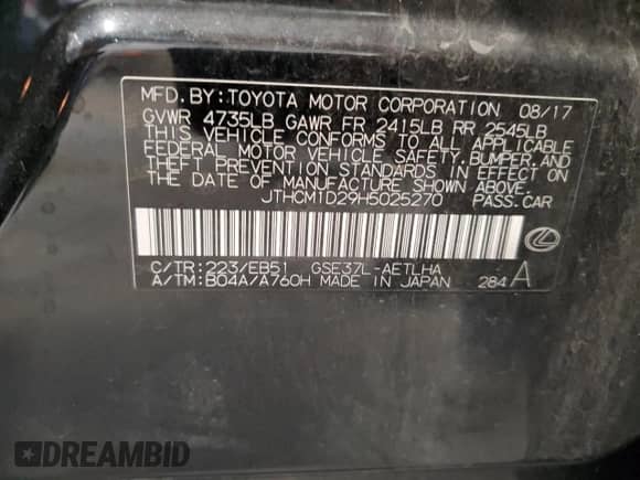 2017 Lexus IS 300 with VIN JTHCM1D29H5025270, listed as a Copart auction lot 81061085 with 56,339 mi miles and Clean title. Bid and sale history available at DreamBid. Image 12.