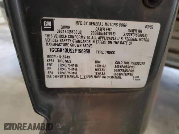 2002 Chevrolet Silverado 1500HD LS с VIN 1GCGK13U92F196968, выставлен на аукционе Copart как лот 61745565 с пробегом 191 380 миль миль и Чистый • Clean title. История ставок и продаж доступна на DreamBid. Изображение 12.