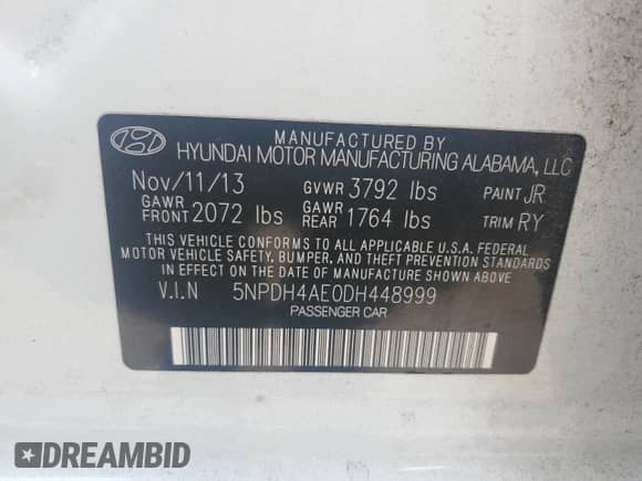 2013 Hyundai Elantra Limited z VIN 5NPDH4AE0DH448999, wystawiony jako Copart lot #81730955 z przebiegiem 107 747 mil mil oraz Szkoda całkowita • Salvage title. Historia ofert i sprzedaży dostępna na DreamBid. Obrazek 12.