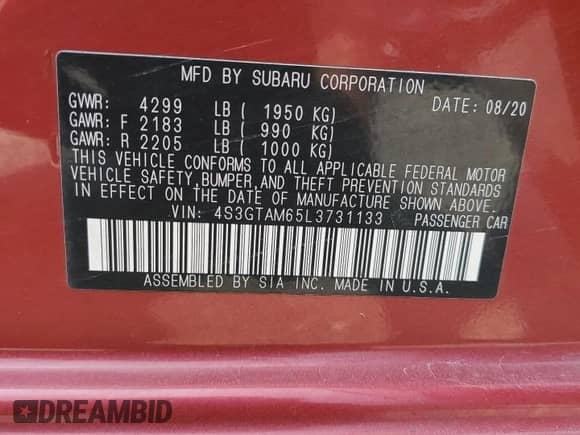 2020 Subaru Impreza Special Sports with VIN 4S3GTAM65L3731133, listed as a Copart auction lot 60515585 with 41,012 mi miles and Salvage title. Bid and sale history available at DreamBid. Image 14.