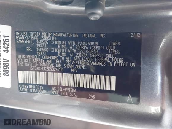 2013 Toyota Sienna SE with VIN 5TDXK3DC2DS324200, listed as a IAAI auction lot 43118012 with 158,753 mi miles and . Bid and sale history available at DreamBid. Image 9.