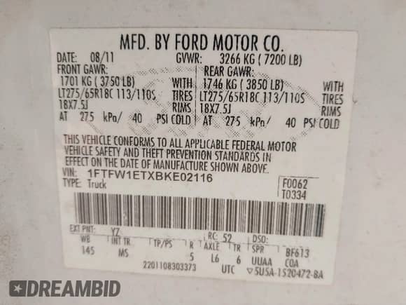 2011 Ford F-150 XLT с VIN 1FTFW1ETXBKE02116, выставлен на аукционе IAAI как лот 43370311 с пробегом 265 326 миль миль и . История ставок и продаж доступна на DreamBid. Изображение 9.