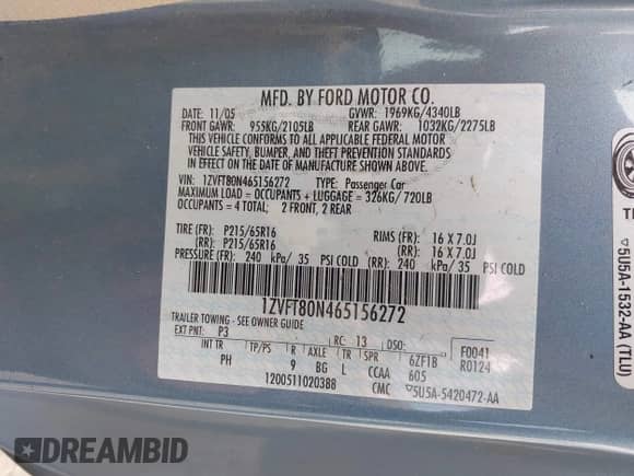 2006 Ford Mustang Standard с VIN 1ZVFT80N465156272, выставлен на аукционе IAAI как лот 43239611 с пробегом 209 867 миль миль и . История ставок и продаж доступна на DreamBid. Изображение 9.