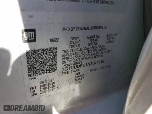 2022 GMC Sierra 1500 SLT with VIN 1GTUUDED1NZ547936, listed as a Copart auction lot 46865155 with 20,612 mi miles and Salvage title. Bid and sale history available at DreamBid. Image 12.