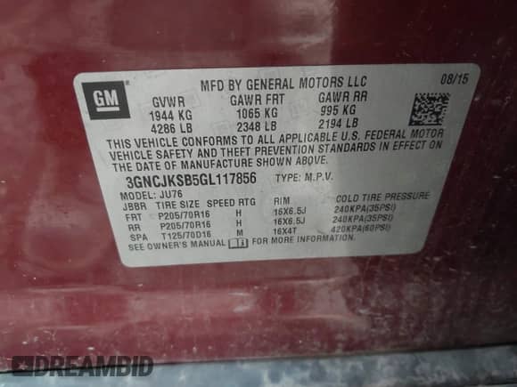 2016 Chevrolet Trax LS с VIN 3GNCJKSB5GL117856, выставлен на аукционе IAAI как лот 42971998 с пробегом 97 611 миль миль и . История ставок и продаж доступна на DreamBid. Изображение 9.