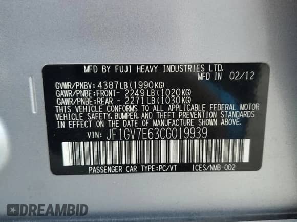 2012 Subaru WRX WRX with VIN JF1GV7E63CG019939, listed as a Copart auction lot 50739865 with 183,255 mi miles and Salvage title. Bid and sale history available at DreamBid. Image 13.