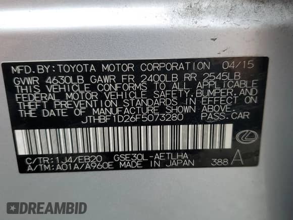 2015 Lexus IS 250 with VIN JTHBF1D26F5073280, listed as a Copart auction lot 82380555 with 131,787 mi miles and Salvage title. Bid and sale history available at DreamBid. Image 13.