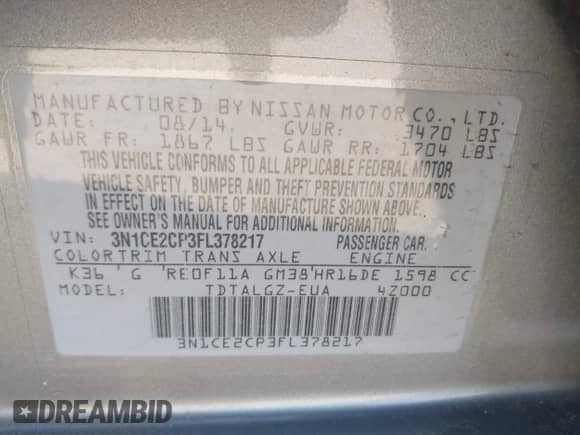 2015 Nissan Note S z VIN 3N1CE2CP3FL378217, wystawiony jako IAAI lot #43252661 z przebiegiem 103 132 mil mil oraz . Historia ofert i sprzedaży dostępna na DreamBid. Obrazek 9.