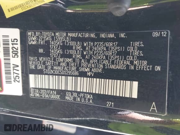 2013 Toyota Sienna L with VIN 5TDZK3DC5DS295686, listed as a IAAI auction lot 43249851 with 126,263 mi miles and . Bid and sale history available at DreamBid. Image 9.