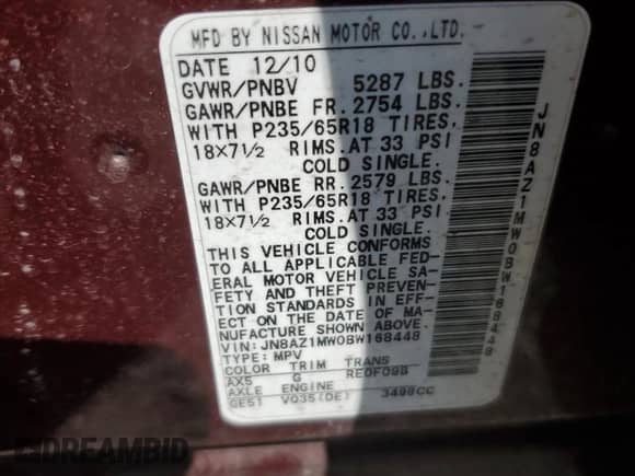 2011 Nissan Murano S with VIN JN8AZ1MW0BW168448, listed as a Copart auction lot 64511525 with 178,074 mi miles and Salvage title. Bid and sale history available at DreamBid. Image 13.