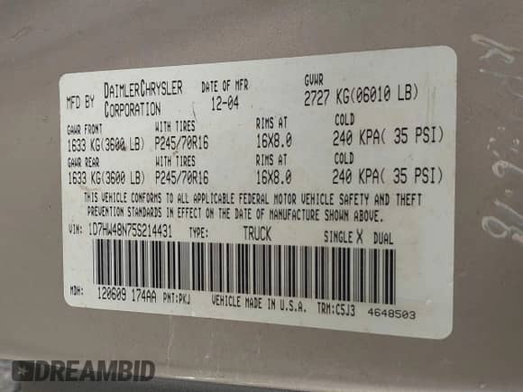 2005 Dodge Dakota SLT with VIN 1D7HW48N75S214431, listed as a IAAI auction lot 43365350 with 312,361 mi miles and . Bid and sale history available at DreamBid. Image 9.