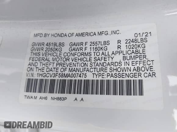 2021 Honda Accord EX-L with VIN 1HGCV3F58MA007475, listed as a IAAI auction lot 42804956 with 32,182 mi miles and . Bid and sale history available at DreamBid. Image 9.